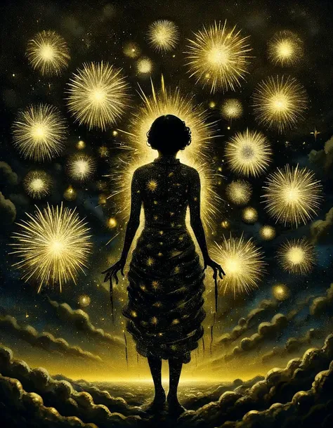 abstract art,(style of Yuko Shimizu:1.3),gold theme,dark sky,dark stars <lora:ral-firworx:1> ral-fireworx