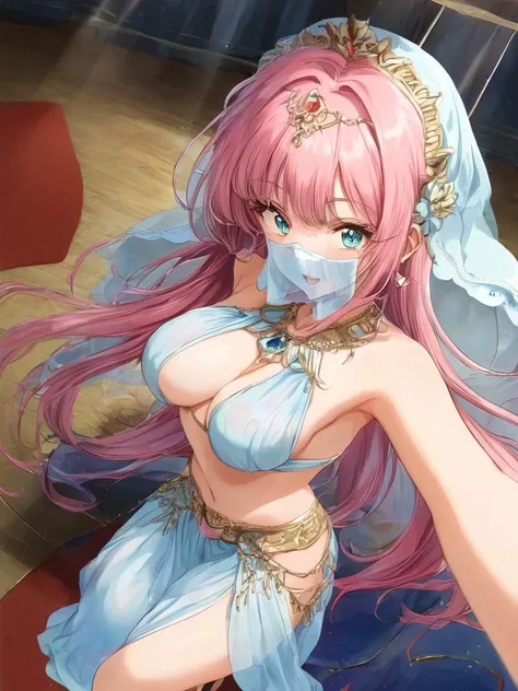 score_9, source_anime, sukebe, from above, BREAK
1girl, harem outfit, medium breasts, mouth veil, pink hair, long twintails, long hair, open mouth, light smile, aqua eyes, dancing, court, indoors, light beam,