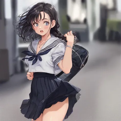 perfectly detailed, best quality, score_9, score_8_up, score_7_up, Anime, sukebe,
1girl,((18YO:1.2)), adult, lips, big clear eyes, dark blue eyes, black hair, (single braid: 1.2), blush, :o, small breasts, perky breasts, skindentation, narrow waist, skinny, outdoors,
lips,necklace,blurry,lips,depth of field,blurry background,
sailor school uniform,uncensored, blush, surprised,looking at viewer, ((ACCIDENTAL EXPOSURE, SKIRT LIFT, BAG,from behind)),