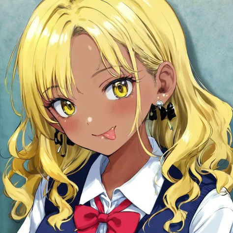 score_9,  source_anime, BREAK
1girl, blonde hair, solo, gyaru, jewelry, tongue, tongue out, earrings, long hair, yellow eyes, bow, shirt, dark-skinned female, kogal, dark skin, looking at viewer, upper body, bowtie, white shirt, school uniform, blue vest, vest, bangs, short sleeves, breasts, :p, wavy hair, collared shirt, smile, blush, striped, eyelashes,