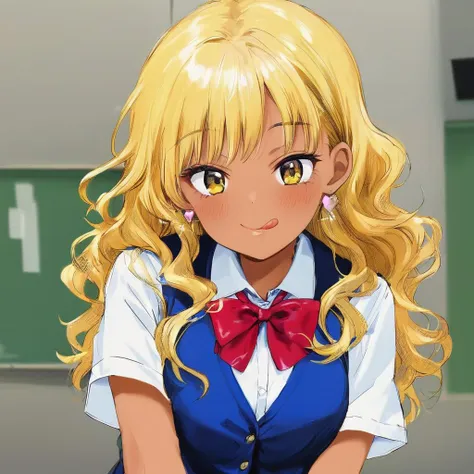 score_9,  source_anime, BREAK
1girl, blonde hair, solo, gyaru, jewelry, tongue, tongue out, earrings, long hair, yellow eyes, bow, shirt, dark-skinned female, kogal, dark skin, looking at viewer, upper body, bowtie, white shirt, school uniform, blue vest, vest, bangs, short sleeves, breasts, :p, wavy hair, collared shirt, smile, blush, striped, eyelashes,