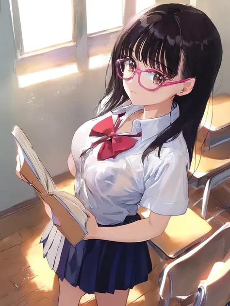 score_9,  
souce_anime, BREAK, from above,
1girl, breasts, indoors, looking at viewer, school uniform, white shirt, red bowtie, pleated skirt, blue skirt, underwear, see-through, glasses pink-framed eyewear, brown eyes, long hair, holding, bangs, ribbon, black hair, brown hair, hair bow, short sleeves, window, closed mouth, notebook, holding book, standing, chair, school desk, classroom, high school,