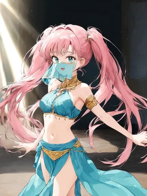 score_9,  source_anime, BREAK  from bottom,
1girl, harem outfit, medium breasts, mouth veil, pink hair, long twintails, long hair, open mouth, light smile, aqua eyes, dancing, court, indoors, light beam, perfect hands,