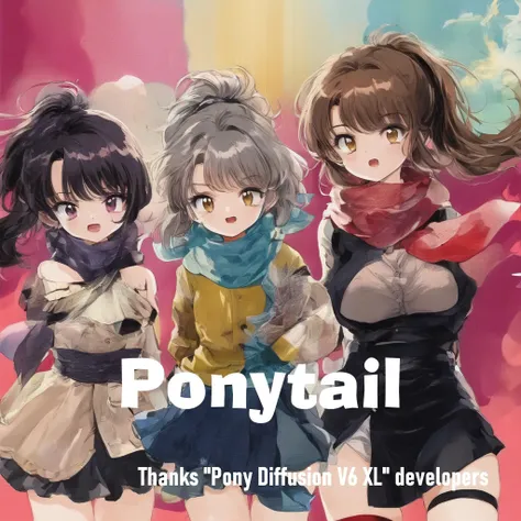3girls, Age17yo,
Ponytail, Playful background, (Detail background),
head kerchief, Scarf, Thigh strap,