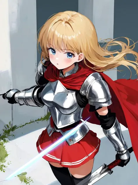 score_9,  source_anime, BREAK  from above,
1girl, blonde hair, blue eyes, armor, thighhighs, long hair, skirt, holding weapon, holding sword, holding, red cape, black thighhighs, boobplate, breastplate, looking at viewer, parted lips, underwear, black panties, bangs, shoulder armor, cowboy shot, medium breasts, red skirt, miniskirt, sky, blush, outdoors,