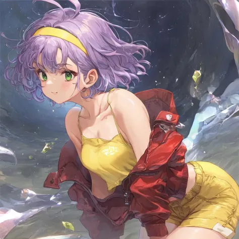 perfectly detailed, best quality, score_9, score_8_up, score_7_up, Anime, sukebe, 
source_anime,in spaceship,1girl,purple hair,short hair,green eyes,solo,yellow hairband,yellow crop top,red jacket,off shoulder,bare shoulders,yellow shorts,light smile,