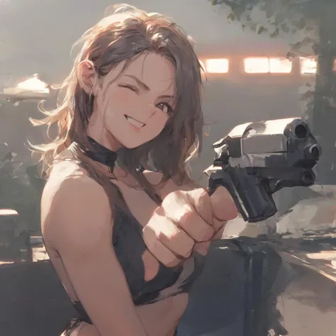 score_9,score_8_up,score_7_up,score_6_up, anime, 1girl, look at viewer, smile, winking, holding a pistol pointing, hand in hair,outdoors,neon lighting,rim light, pointing pistol,