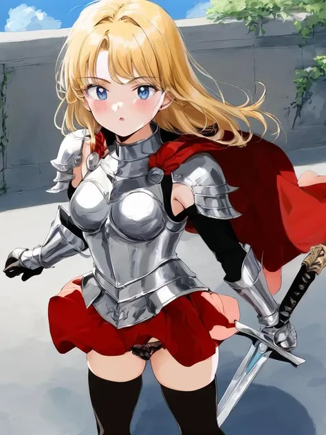 score_9, source_anime, BREAK from above,
1girl, blonde hair, blue eyes, armor, thighhighs, long hair, skirt, holding weapon, holding sword, holding, red cape, black thighhighs, boobplate, breastplate, looking at viewer, parted lips, underwear, black panties, bangs, shoulder armor, cowboy shot, medium breasts, red skirt, miniskirt, sky, blush, outdoors,