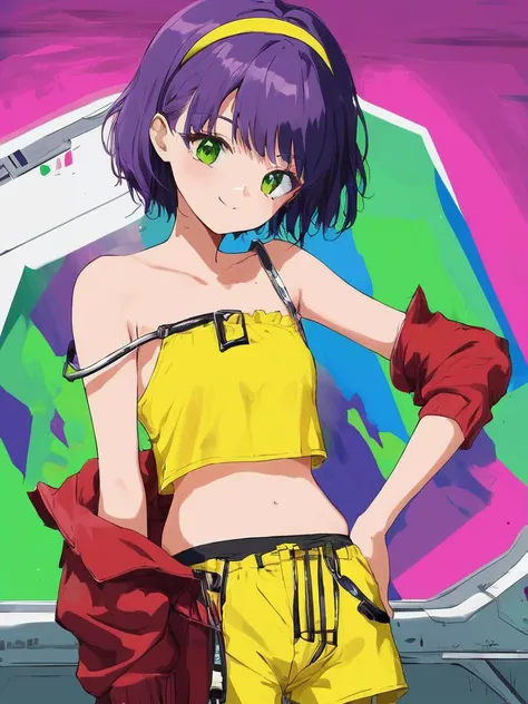 score_9,  source_anime, BREAK  from bottom,
in spaceship,1girl,purple hair,short hair,green eyes,solo,yellow hairband,yellow crop top,red jacket,off shoulder,bare shoulders,yellow shorts,light smile,