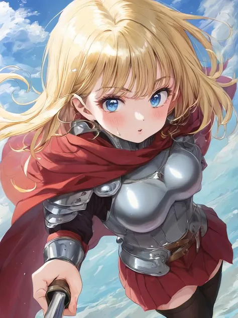 score_9, source_anime, sukebe, from above, BREAK
1girl, blonde hair, blue eyes, armor, thighhighs, long hair, skirt, holding weapon, holding sword, holding, red cape, black thighhighs, boobplate, breastplate, looking at viewer, parted lips, underwear, black panties, bangs, shoulder armor, cowboy shot, medium breasts, red skirt, miniskirt, sky, blush, outdoors,