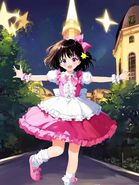 score_9,  source_anime, BREAK, 
1girl, solo, clock, bow, smile, brown hair, short sleeves, dress, sky, star (symbol), star (sky), open mouth, night, puffy short sleeves, hair bow, starry sky, socks, looking at viewer, puffy sleeves, pink dress, shoes, outdoors, pink footwear, night sky, :d, tower, bangs, standing on one leg, wrist cuffs, frills, white socks, pink bow, outstretched arms, hair ornament, frilled dress, clock tower, standing, blush, purple eyes, bobby socks