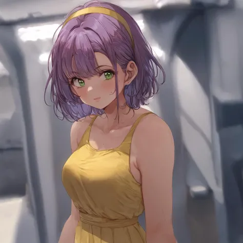 perfectly detailed, best quality, score_9, score_8_up, score_7_up, Anime, sukebe, in spaceship, 1girl,purple hair,short hair,green eyes,solo,yellow hairband,yellow crop top, bioluminescent dress,