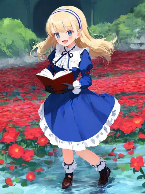 score_9,  source_anime, BREAK, 
1girl, solo, long hair, blonde hair, blue eyes, dress, looking at viewer, holding, gloves, smile, flower, book, full body, standing, black gloves, bangs, blue dress, holding book, long sleeves, blush, water, breasts, socks, hairband, red flower, open mouth, frills, ribbon, puffy long sleeves