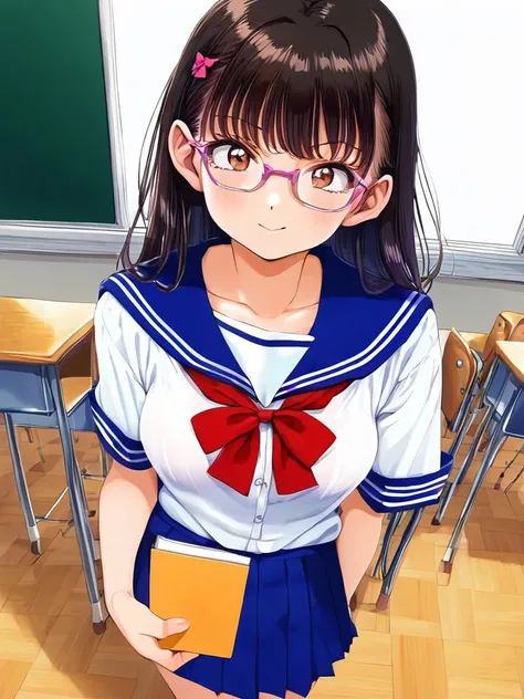 score_9, source_anime, sukebe, from above, BREAK
1girl, indoors, looking at viewer, school uniform, white shirt, red bowtie, pleated skirt, blue skirt, underwear, see-through, glasses pink-framed eyewear, brown eyes, long hair, holding, bangs, ribbon, black hair, brown hair, hair bow, short sleeves, window, closed mouth, notebook, holding book, standing, chair, school desk, classroom,