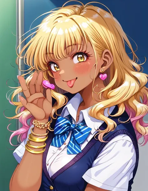 score_9,  source_anime, sukebe, BREAK
1girl, blonde hair, solo, gyaru, jewelry, tongue, tongue out, earrings, long hair, yellow eyes, bow, shirt, dark-skinned female, kogal, dark skin, looking at viewer, upper body, bowtie, white shirt, school uniform, blue vest, vest, bangs, short sleeves, breasts, :p, wavy hair, collared shirt, smile, blush, striped, eyelashes