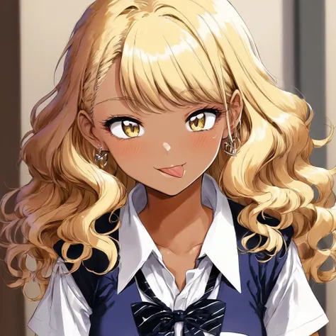 score_9,  source_anime, BREAK
1girl, blonde hair, solo, gyaru, jewelry, tongue, tongue out, earrings, long hair, yellow eyes, bow, shirt, dark-skinned female, kogal, dark skin, looking at viewer, upper body, bowtie, white shirt, school uniform, blue vest, vest, bangs, short sleeves, breasts, :p, wavy hair, collared shirt, smile, blush, striped, eyelashes,