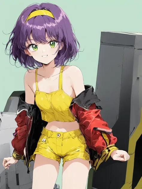 score_9, source_anime, BREAK from bottom,
in spaceship,1girl,purple hair,short hair,green eyes,solo,yellow hairband,yellow crop top,red jacket,off shoulder,bare shoulders,yellow shorts,light smile,