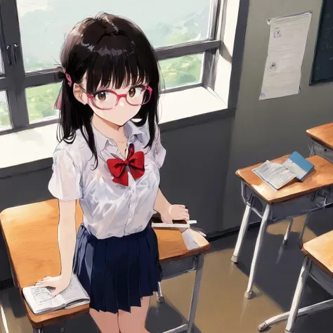 score_9,  source_anime, BREAK  from above,
1girl, indoors, looking at viewer, school uniform, white shirt, red bowtie, pleated skirt, blue skirt, underwear, see-through, glasses pink-framed eyewear, brown eyes, long hair, holding, bangs, ribbon, black hair, brown hair, hair bow, short sleeves, window, closed mouth, notebook, holding book, standing, chair, school desk, classroom,