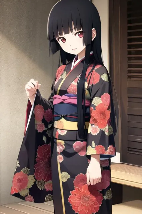 <lora:hellGirlEnmaAiLora_v1:1>, masterpiece, best quality, 1girl, solo, enma ai, black kimono, gravure,
