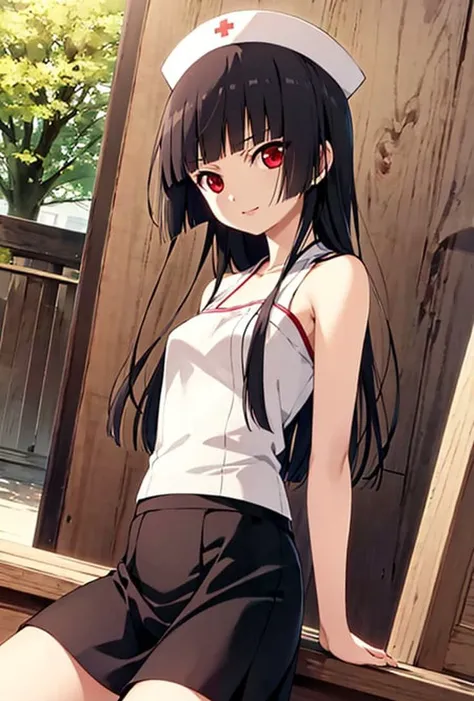 enma_ai, 1girl, solo, <lora:em_ai_v1-000008:1>
(8k, RAW photo, best quality, masterpiece:1.2), 1girl, :d, bare shoulders, duel monster, hat, small breasts, long hair, looking at viewer, solo, nurse, (closed mouth),