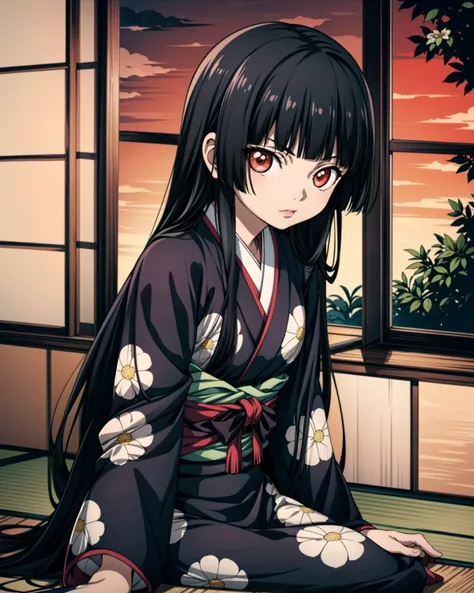<lora:em_ai_v1:1>, masterpiece, best quality, 1girl, solo, enma ai, black kimono, floral print, japanese clothes, sunset, twilight, beautiful, gravure, hime_cut, blunt_bangs, very_long_hair, shouji, window, tatami, scenery, cinematic lighting, <lora:add_detail:1>, masterpiece, best quality, perfect composition, <lyco:GoodHands-beta2:1.0>