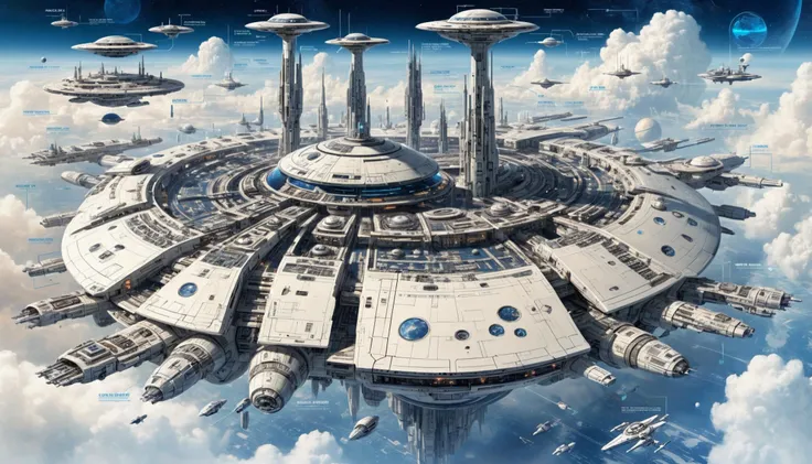 a large white space station city and several smaller domed space station cities, all filled with piers and runways, floating below the clouds of a blue planet in the star wars galaxy, scientific infographic with annotations, labels <lora:Scifi_Display:0.5> flat 2d image, display