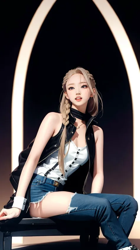 (1girl), solo, blonde hair, long hair, bunnyunnie, bunny teeth, looking at viewer, nayeon from twice,
black jacket and skinny jeans, slim body,
standing,
(solid black background), soft light, rim lighting,
(masterpiece, realistic, extremely intricate), (8k Highly detailed RAW color Photo:0.8, hdr, uhd, ultra high res:1.2),
<lora:Nayeon_10setps:1>,