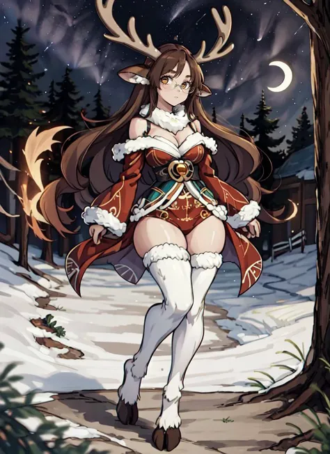 ((best quality)), ((highly detailed)), absurdres, (detailed eyes, deep eyes), (1girl), (glasses), full body, (((very wide shot))), bra, <lora:b0ysh0rts:1>, b0ysh0rts, -((reindeer girl)), brown hair, brown eyes, <lora:horizontal_pupils-v2:.9>, horizontal pupils, deer ears, <lora:deerantlers-12:1>, dearantlers, large deer antlers, <lora:hoovedlegs:.8>, hooved legs, white spots, hooves, deer tail, short tail, fur coat, (outdoors, at a pine_tree forest, night, night sky, stars, crescent moon, shooting star, telescope)