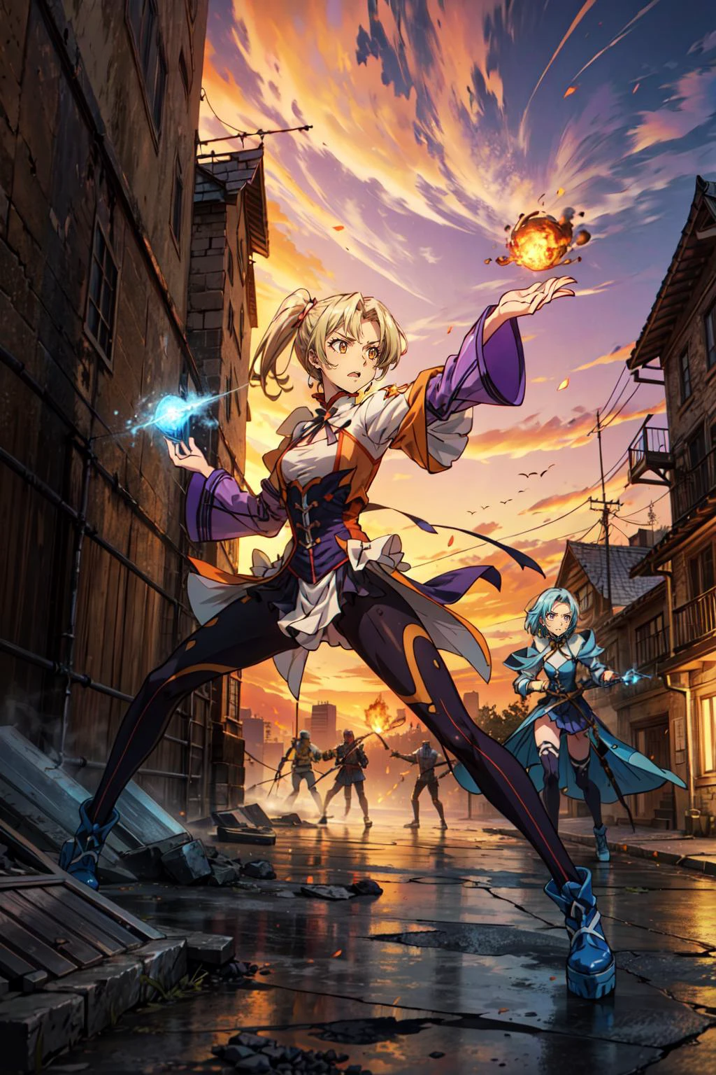 ((best quality, masterpiece, absurbres, super-resolution)),  (Purple and Orange Sky), Shadow, Silhouette, Wide angle,  mgmoutfit, tight clothes, small breasts, tight top, ((dynamic pose, action pose, intense facial expression, glaring, magic battle in background, fighting with magic, fireball in hand, 2girls))  <lora:GATE - [Girlpack] - Version 1:0.8>shino, lelei, pina, sherry <lora:add_detail:0.6>, <lora:uv:0.9> blacklight