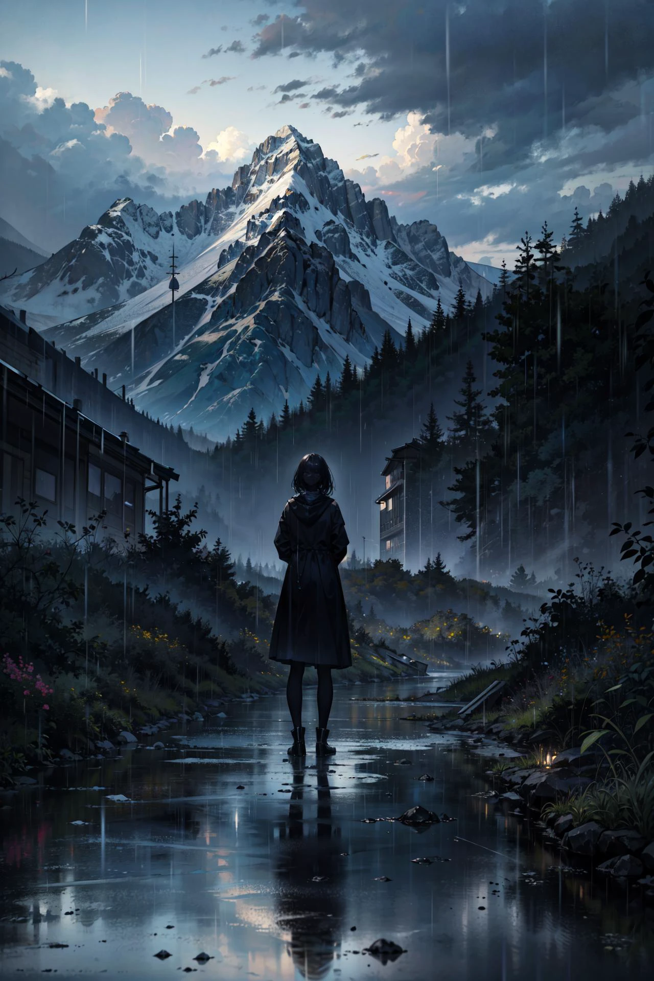 ((best quality, masterpiece, absurbres, super-resolution)), (alone in the rain), natural scenery, lonely, emo, sad atmosphere, aesthetic