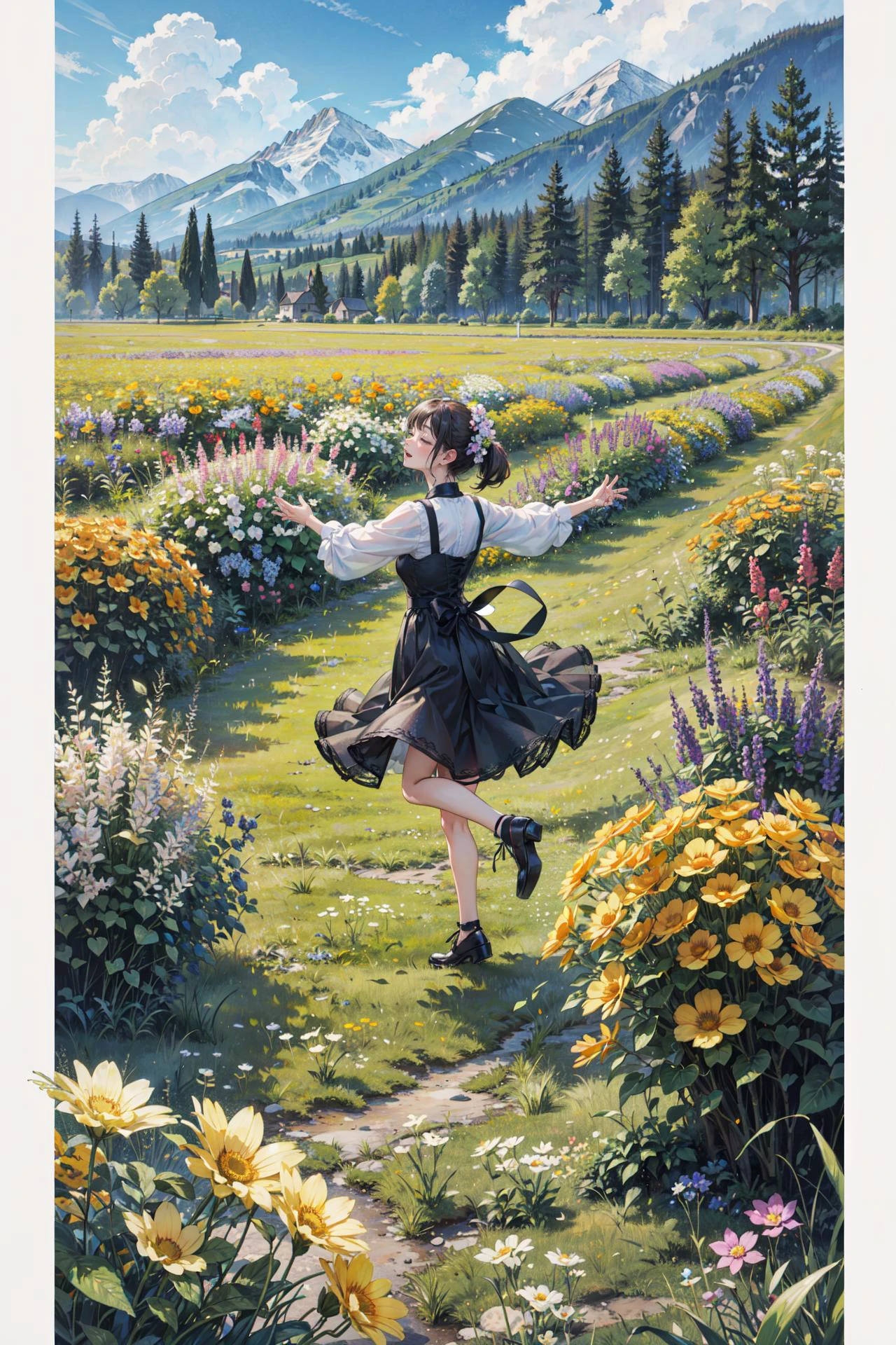 ((best quality, masterpiece, absurbres, super-resolution)), A flower field with different species of flowers, (Different types of flowers), Dancing in the field