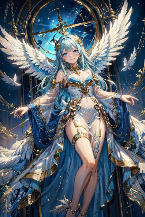 ((best quality, masterpiece, absurdres)) Heavenly Plumage, Medium Shot, Vibrant, Blue, 1 Girl, Elaborate Feathered Wings, Celestial Realm, Ethereal Lighting, Angelic Gown, Captivating Poses, see-through