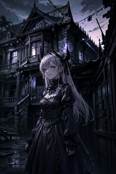 ((best quality, masterpiece, absurbres, super-resolution)) Lady, Black, Gray, Purple, Mansion, Dark Light, Gothic, Moody