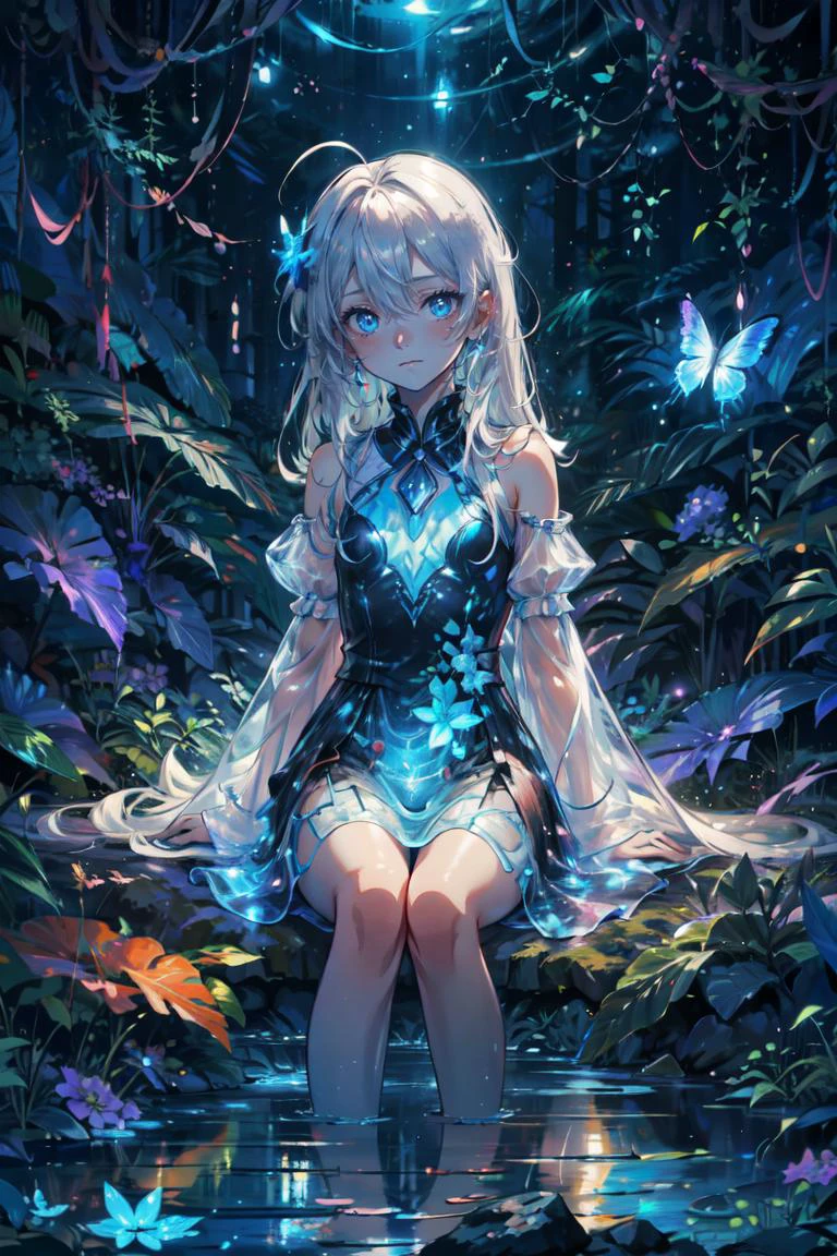 ((best quality, masterpiece, absurbres, super-resolution)), moody lighting, abstract anime illustration, 1girl, blue bioluminescent dress, glowing butterflies, night, beautiful forest, (fantasy:1.2), moonlit, blue theme, (absurdly long hair:1.2), ahoge, white hair, pale skin, beautiful blue eyes, flat chest, <lora:Unleashed_V2:0.5>, looking at viewer, expressionless, hair between eyes, <lora:bioluminescent_dress-1.0:0.5>, eerie, dark, rock, sitting