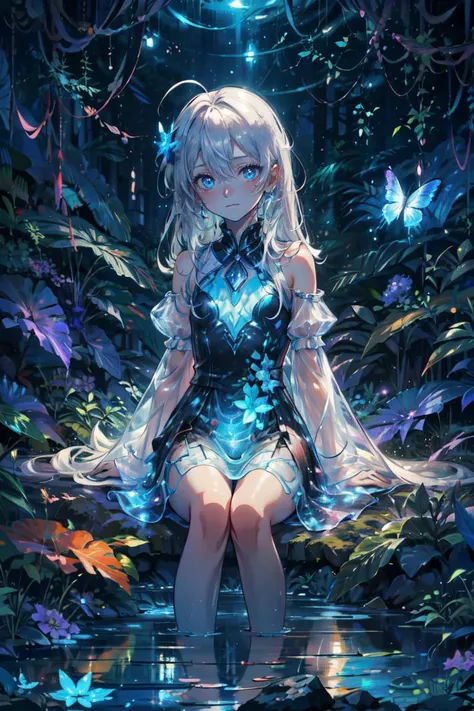 ((best quality, masterpiece, absurbres, super-resolution)), moody lighting, abstract anime illustration, 1girl, blue bioluminescent dress, glowing butterflies, night, beautiful forest, (fantasy:1.2), moonlit, blue theme, (absurdly long hair:1.2), ahoge, white hair, pale skin, beautiful blue eyes, flat chest, <lora:Unleashed_V2:0.5>, looking at viewer, expressionless, hair between eyes,  <lora:bioluminescent_dress-1.0:0.5>, eerie, dark, rock, sitting
