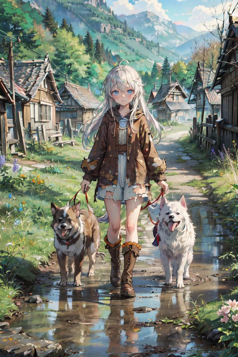 ((best quality, masterpiece, absurbres, super-resolution)), flowers meadows, village, 1girl, solo, (dog:1.2), white hair, ahoge, (absurdly long hair:1.2), blue eyes, hair between eyes, pale skin, looking at viewer, brown clothes, peasant, nature, day, torn clothes, muddy clothes, tyndal effect