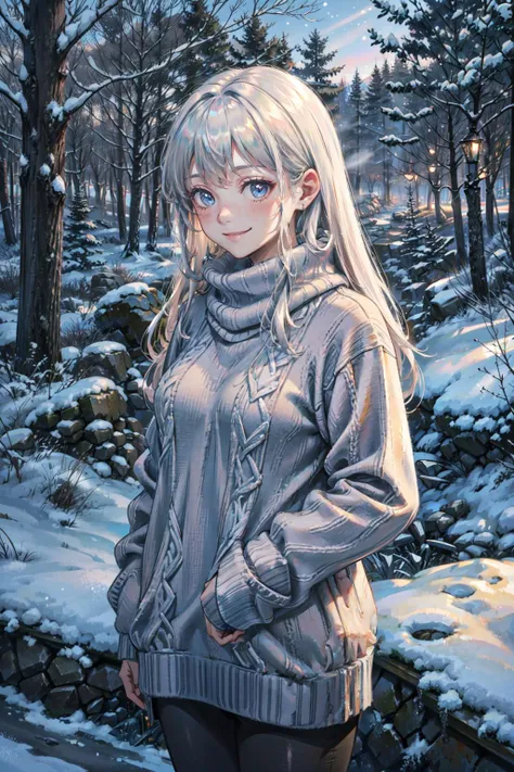 ((best quality, masterpiece, absurbres, super-resolution)) Ethereal Winter, Cool Tones, Frosty Lighting, Snowy Forest, Cozy Sweaters