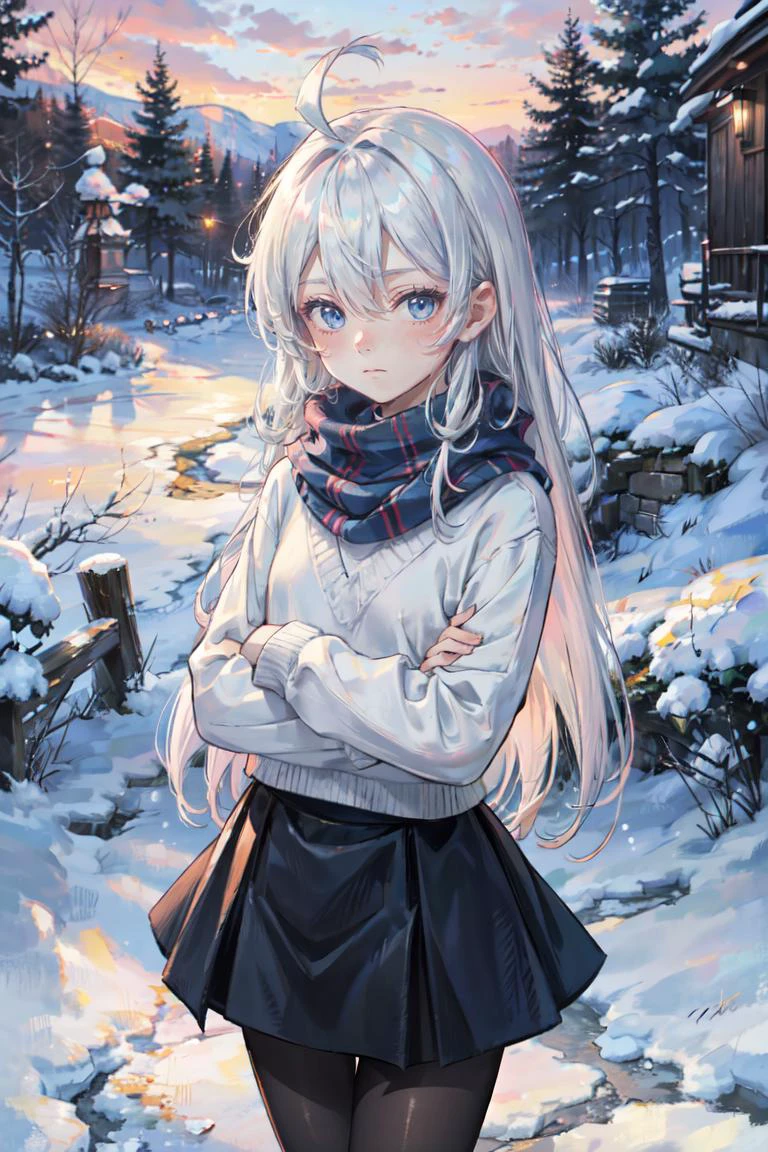 ((best quality, masterpiece, absurbres, super-resolution)), 1girl, solo, ahoge, (absurdly long hair:1.6), white hair, blue eyes, flat chest, pale skin, hair between eyes, expressionless, winter, snow, forest, white sweater, cowboy shot, skirt, sunset, pink sky, clouds, lens flare, scarf, looking at viewer, crossed arms, bloom, bokeh, pantyhose