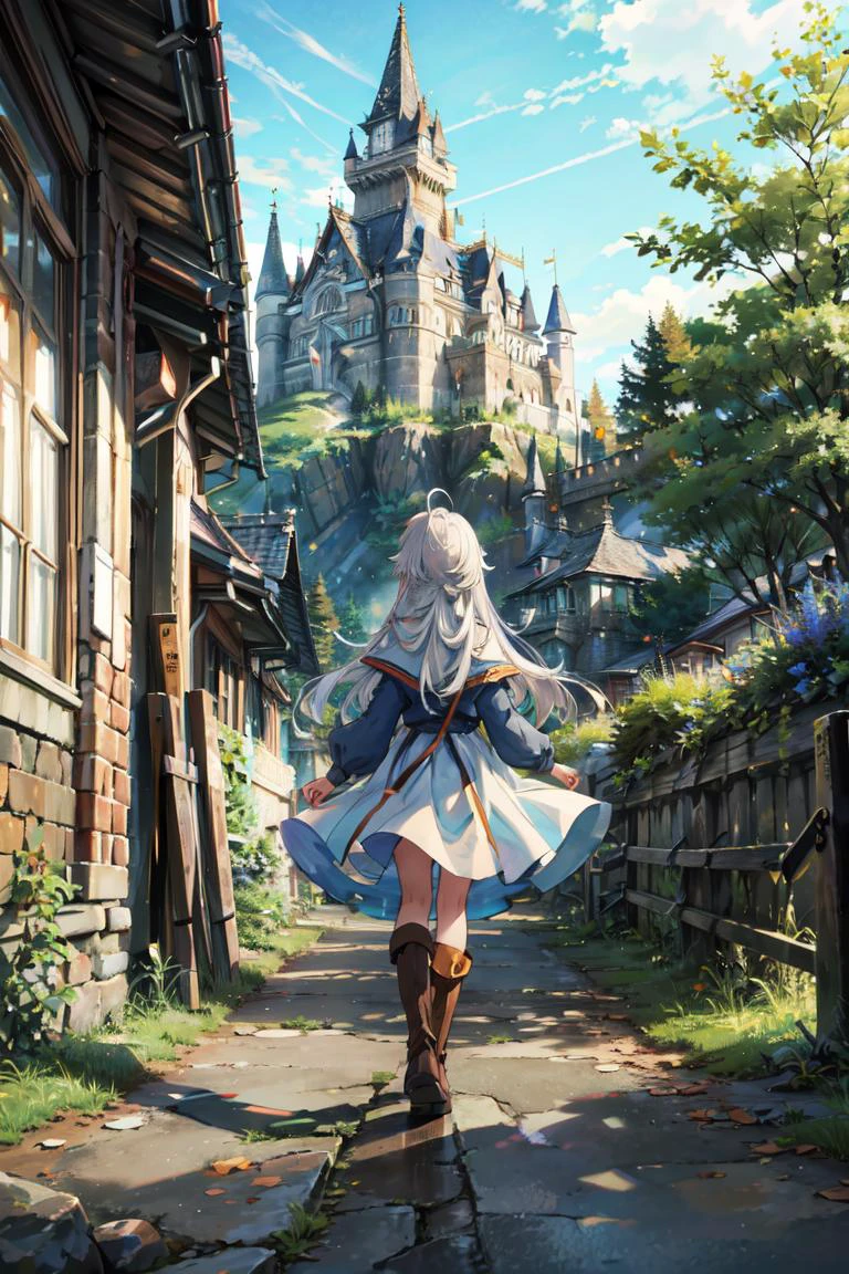 ((best quality, masterpiece, absurbres, super-resolution)), medieval castle, scenery, trees, road, pastures, fantasy, fence, from back, 1girl, solo, (absurdly long hair:1.4), ahoge, white hair, ahoge, blue dress, kneehigh boots, walking