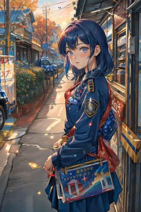 1girl, (landscape art designed by Henry Moret:1.1) and (Gerardo Dottori:0.9) , impressionism art, epic Cinematic still, fall vegetation and Gamma-ray burst in background, Embroidery, Street level shot of a traditional Techno ([Red oak:Police car:2]:1.3) , it is very Fascinating and Feminine, it is anthropomorphic reimagined as The Shining  character, it is covered in Fur, from inside of a Contemporary food stand, at Dusk, shallow depth of field, Simple and clean, Relieving, Rave Fashion, Lens Flare, Circular polarizer, Muted Colors, Navy Blue and Maroon dust particles, symbolism, pixiv, trending on CGSociety