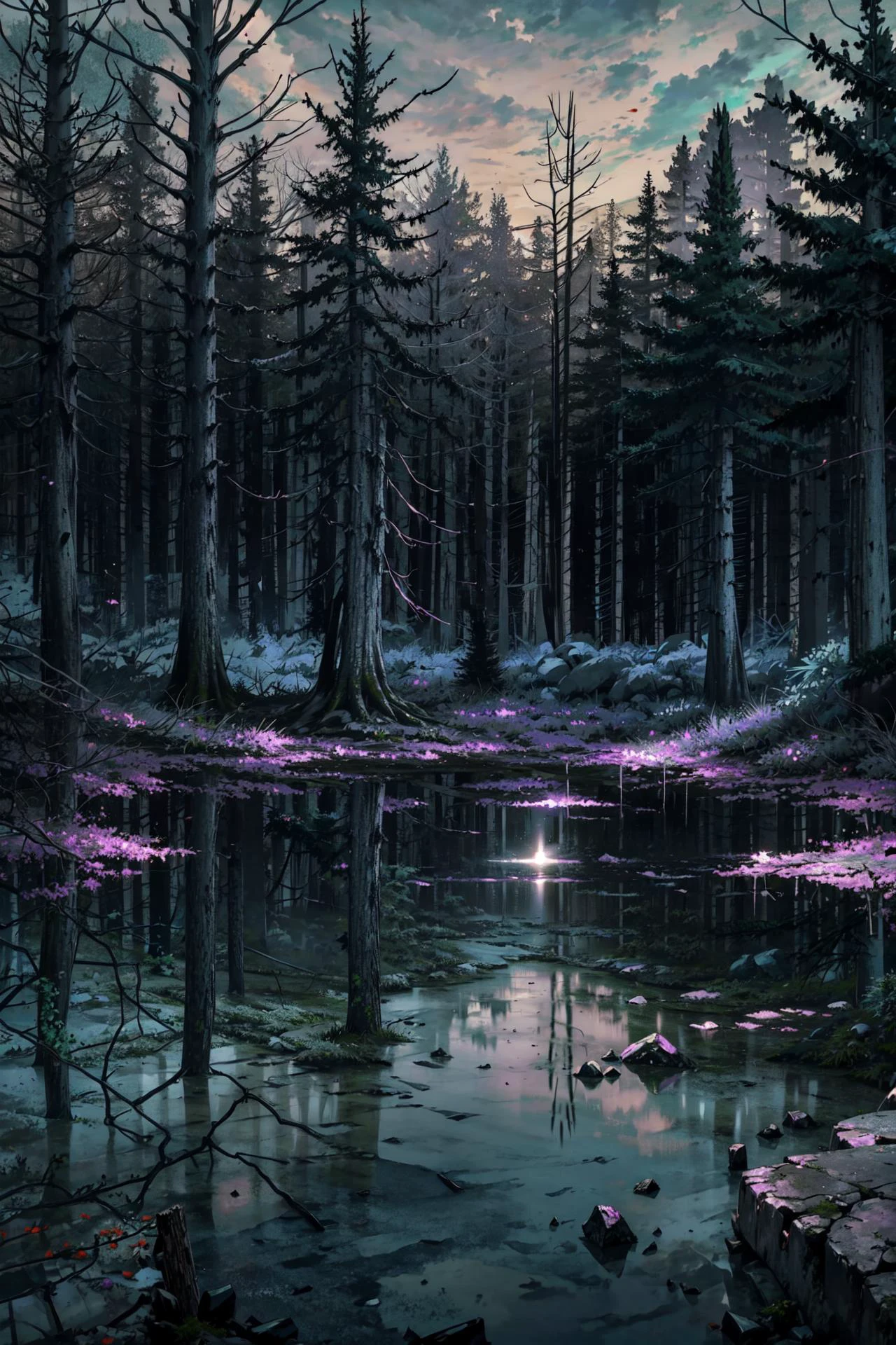 ((best quality, masterpiece, absurbres, super-resolution)), haunted forest scenery by vergvoktre, horror, ghost, scary, eerie, twilight zone, wide angle, top down view, <lora:m00dygr33n:0.4> m00dygr33n <lora:Gloomifier_TheDread_V1_LECO:1> <lora:vergvoktre_finetuned:0.3>