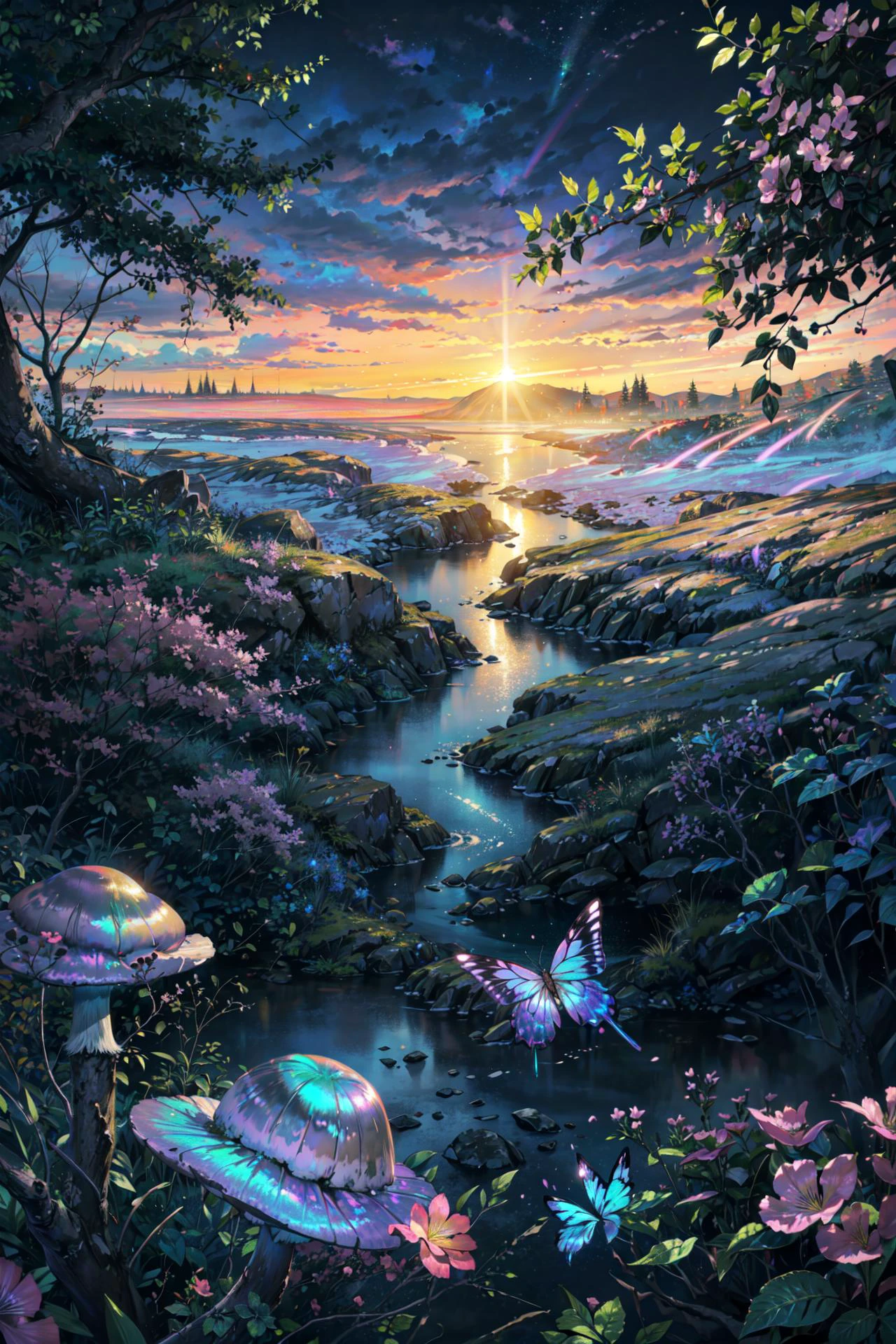 ((best quality, masterpiece, absurbres, super-resolution)), (atmospheric lighting), Enchanted mystical forest, glowing mushrooms, glowing flowers, colorful landscape, neon-colored butterflies, pure blue water river spring, extremely beautiful landscape, (ultra-realistic), extremely detailed 8k CG unit wallpaper, expansive landscape photography, (a low view that prioritizes the entire scene), (wide open field view), (low angle shot), (high light:1.5), (warm light source:1.0), complex details, (iridescent colors:1.5), (bright lighting), nature, magical, landscape, fantasy