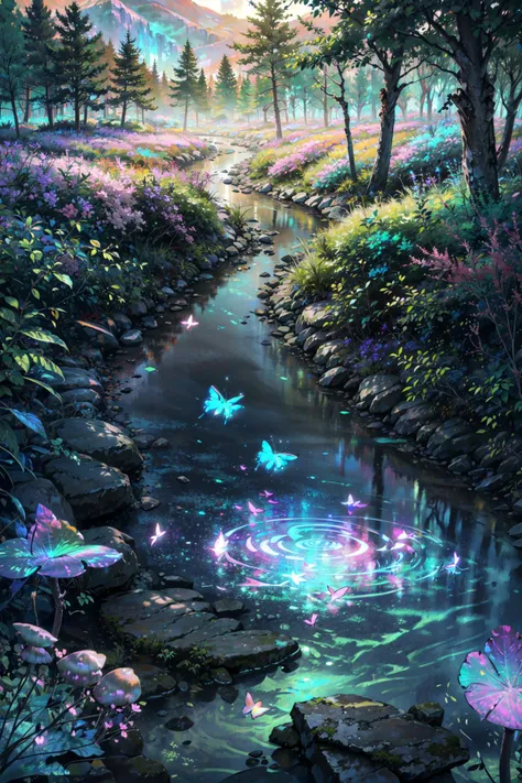 ((best quality, masterpiece, absurbres, super-resolution)), (atmospheric lighting), Enchanted mystical forest, glowing mushrooms, glowing flowers, colorful landscape, neon-colored butterflies, pure blue water river spring, extremely beautiful landscape, (ultra-realistic), extremely detailed 8k CG unit wallpaper, expansive landscape photography, (a low view that prioritizes the entire scene), (wide open field view), (low angle shot), (high light:1.5), (low light:1.0), (warm light source:1.0), complex details, (iridescent colors:1.5), (holographic colors:1.5), (bright lighting), nature, magical, landscape, fantasy