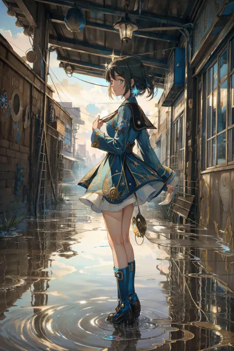 1girl, (stylized by Grete Stern:1.1) , grand Technical illustration, hyper detailed, extreme wide shot of a ("The Puddle of Thoughts":1.3) , it is very Hopeless and Universal, desolate city with Mushroom, Foggy conditions, FOV 90 degrees, Overdetailed art, Fearful, Modern Art, specular lighting, L USM, Calotype, Light sparkles, flawless, pixiv, absurdres, clean