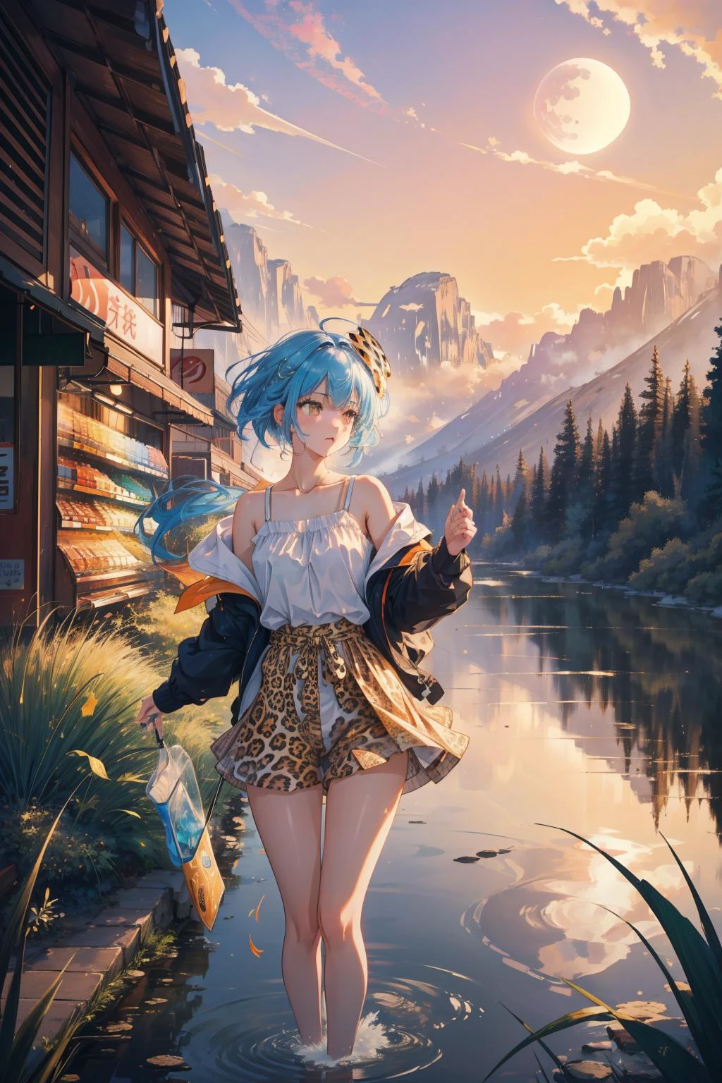 1girl, grand Photograph, surreal, soft focus of a Mature Infused ([Woolly rhinoceros:Convenience store:5]:1.3) looking like a Planet Jupiter as a Page, in a very Funny [Shy:Large:16] leopard print [Shorts and blouse|Scoop neck top] from the 1400's, frolicking in a pond, from inside of a Intensive Lijiang, dark orange mountains and grass, Smoky Conditions, FOV 90 degrees, Angry, behance, Tonalism, hard light, Cinematic, Sony A7, L USM, Offset print, contrasting colors details, Light streaks, 8K, extremely hyper aesthetic