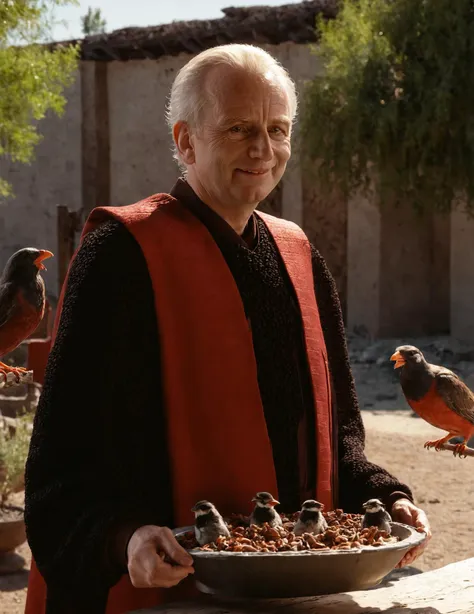 high resolution raw dslr full body shot photo of palpatin3 feeding birds,smile,wearing red dark robe,sunny,illuminated from behind,realistic skin texture,pores,cinematic,depth of field,masterpiece,volumetric lighting,cinematic,surreal dramatic shadow,rim lighting