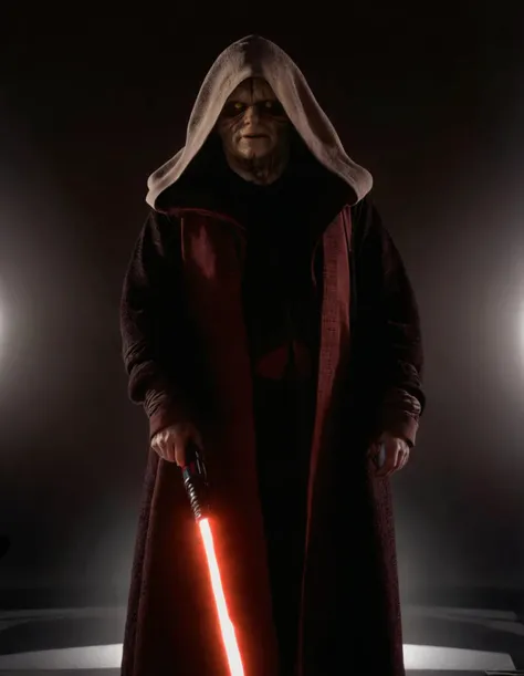 high resolution raw dslr full body shot photo of sidi0us,illuminated from behind,realistic skin texture,in a dark room,dark robe with hoodie,holding a red lightsaber,pores,sweaty skin,skin imperfection,dark,dimly lit,scary,cinematic,depth of field,masterpiece,volumetric lighting,cinematic,surreal dramatic shadow,rim lighting