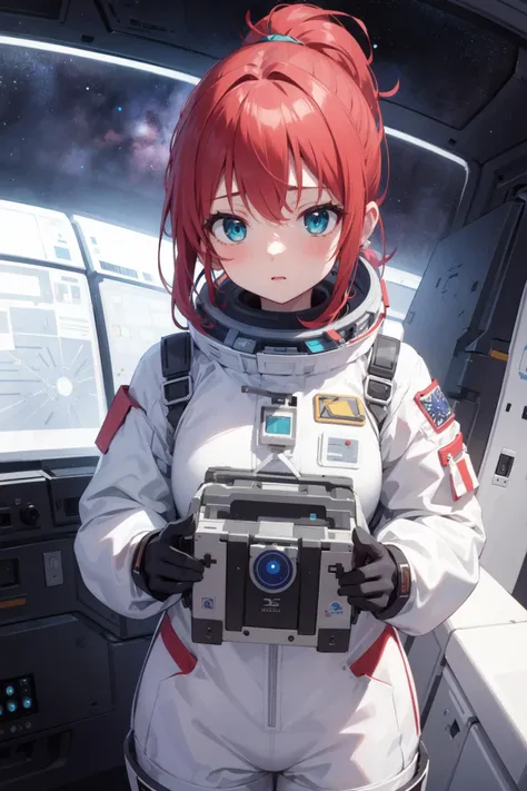 masterpiece, best quality, 1girl,space suit,young,ponytail, red hair,aqua eyes,galaxy,spacecraft interior,