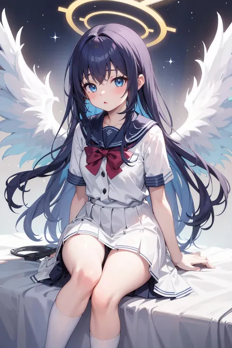 masterpiece, best quality, 1girl,school uniform, young,halo,wings, center,blue hair,blue eyes,