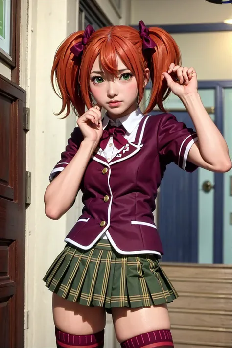 1girl, solo, kokoa shuzen (rosario + vampire), short hair, twintails, orange hair, hair ribbon, ribbon, green eyes, school uniform, green patterned skirt, garnet thighhighs, cute, kawaii, posing, dynamic pose, school entrance, <lora:Shuzen Kokoa:0.8>